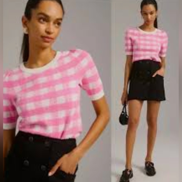 Maeve Anthropologie Harmon Gingham Check Pink White Knit Sweater Tee XS Fall - Picture 1 of 11